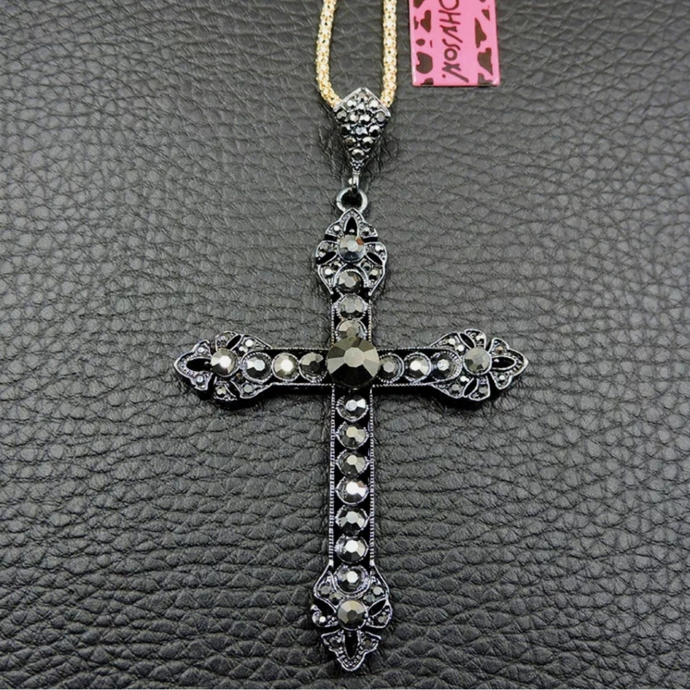 NWT Rare Betsey Johnson Black Crystal Cross